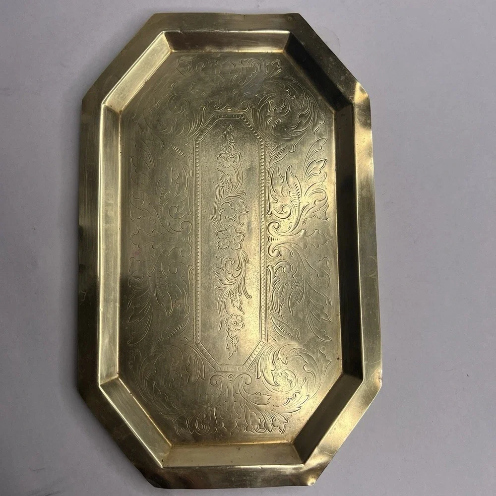 Vintage Large Solid Brass Tray Scalloped Raised Edge Oval 10